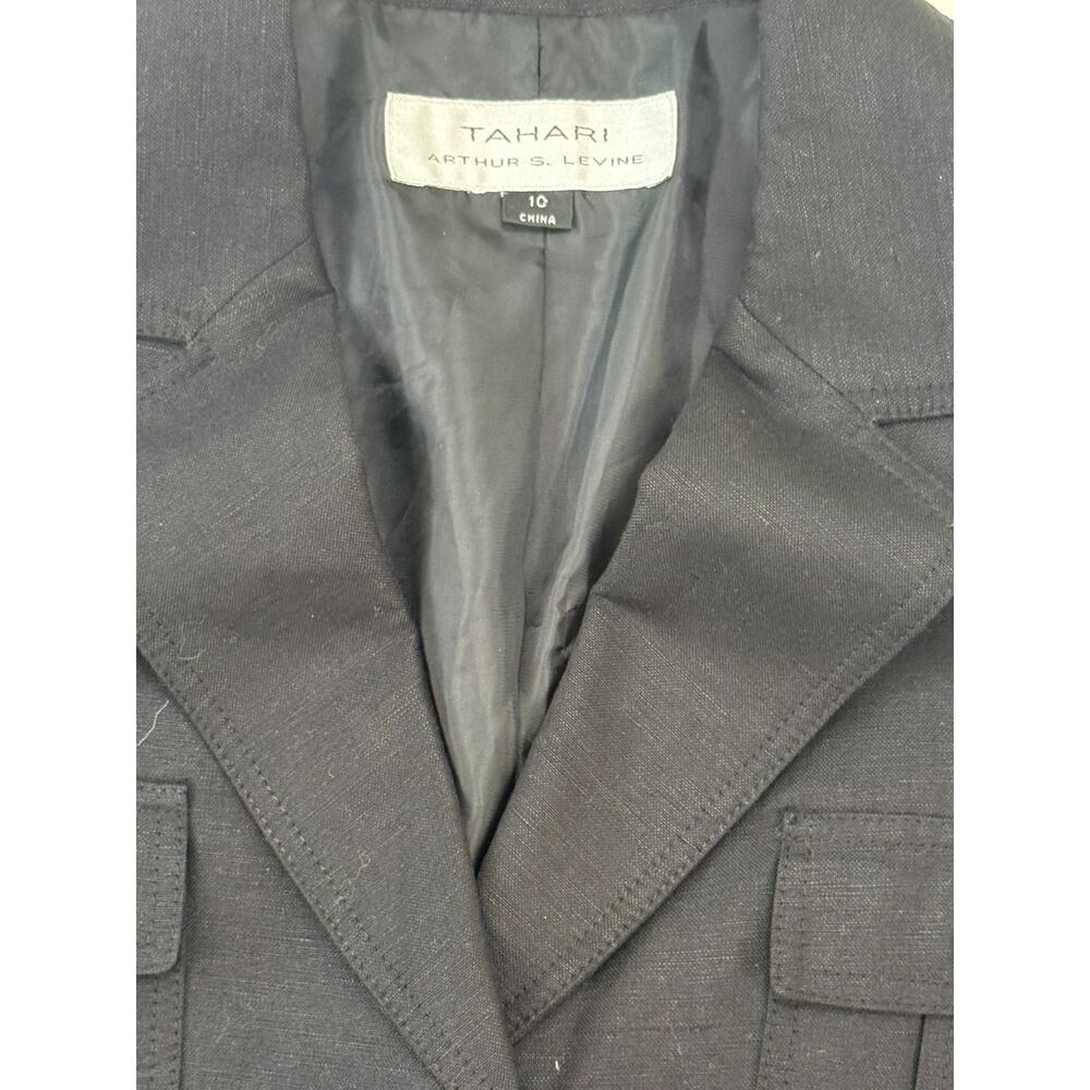Tahari Womens Blazer 10 Black Linen Blend Safari Utility 4 Pocket Jacket - Picture 3 of 8